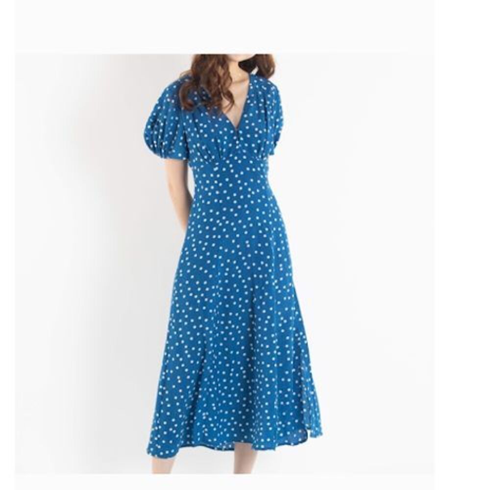 Gilli Women's Midi Polka Dot‎ Puff Sleeve Blue/White Dress Size M